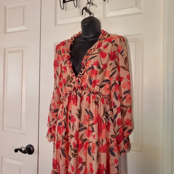 Shein Floral Maxi Dress Pleated Edges Layered Chiffon Evening Cocktail Medium - Picture 3 of 11